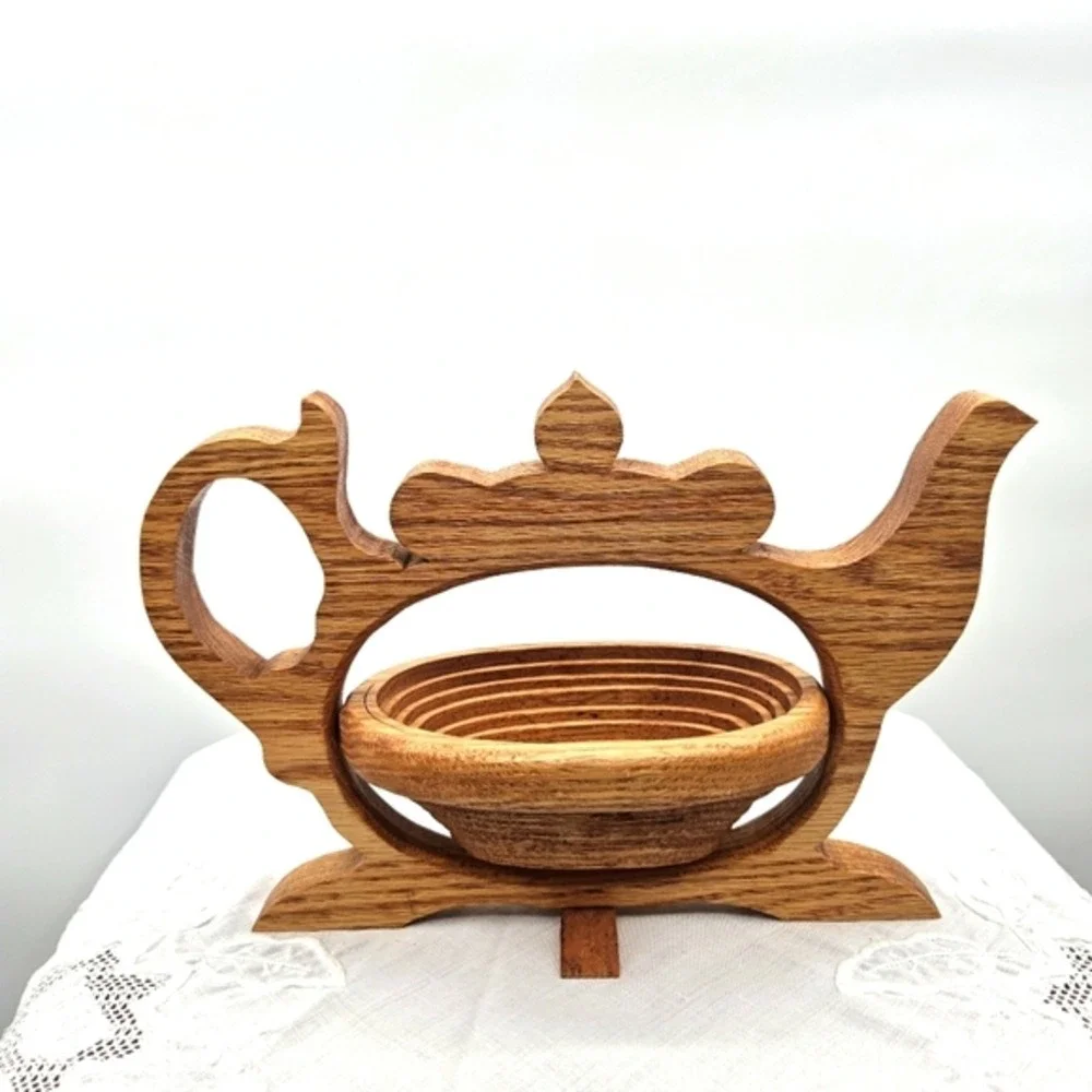 Handmade Oak Wood Teapot Folding Fruit Basket Collapsible Trivet‎ Kitchen Decor